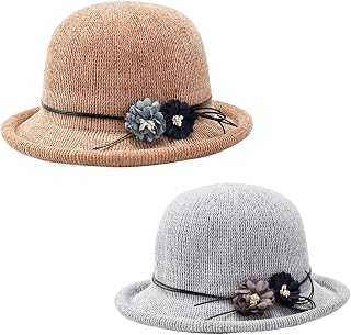 1920S Knit Bucket Hat Floral 20S Cloche Church Cap Fall Winter Chenille Fashionable Wool Hats for Women Ladies Seniors
