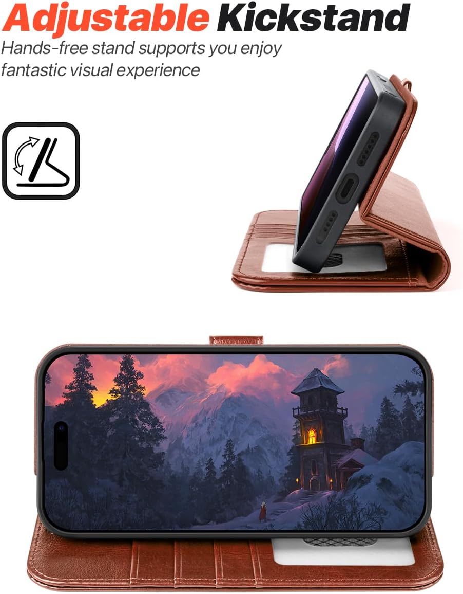 OCASE for iPhone 16 Pro Max Case Detachable Wallet Case with Card Holder, 2 in 1 Pu Leather Flip Folio with RFID Blocking Stand Wrist Strap Shockproof Phone Cover 6.9 Inch 2024, Dark Brown - Image 6