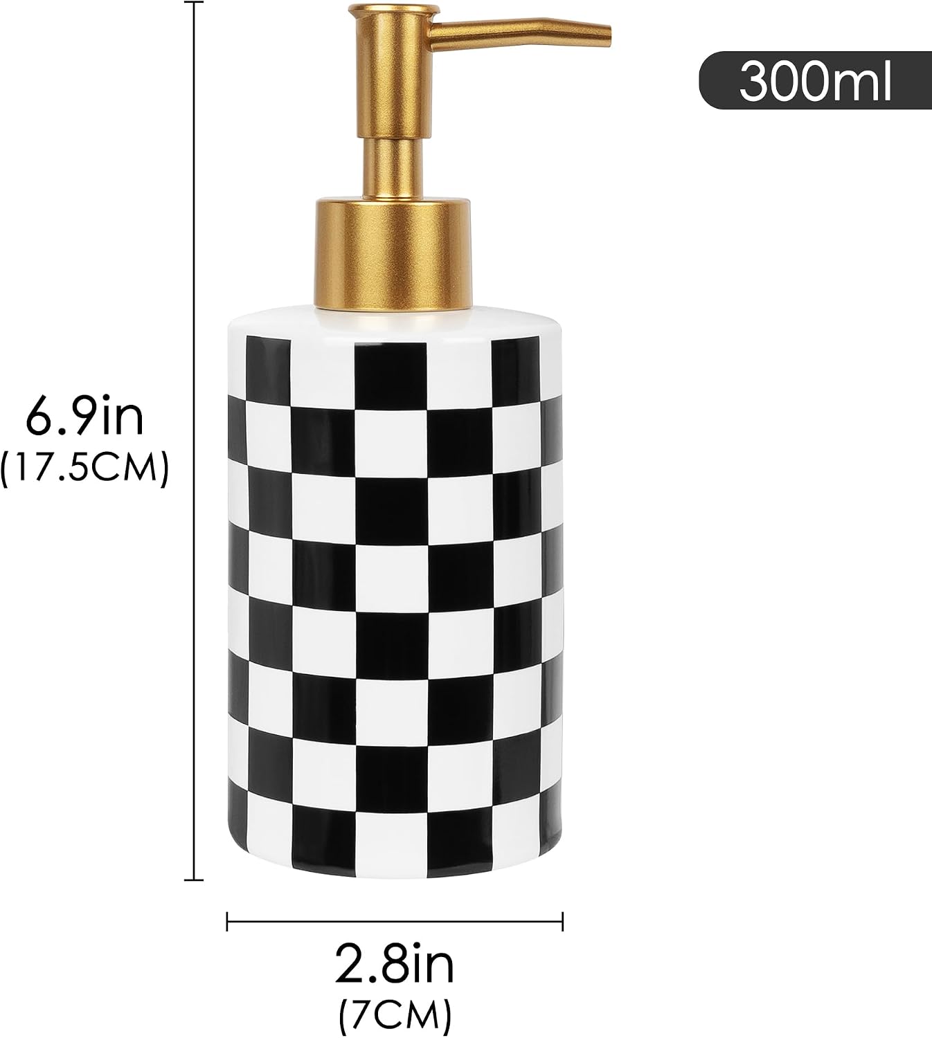 2 Pack Ceramic Soap Dispenser, 10oz Checkerboard Bottle Set, Gold Pump