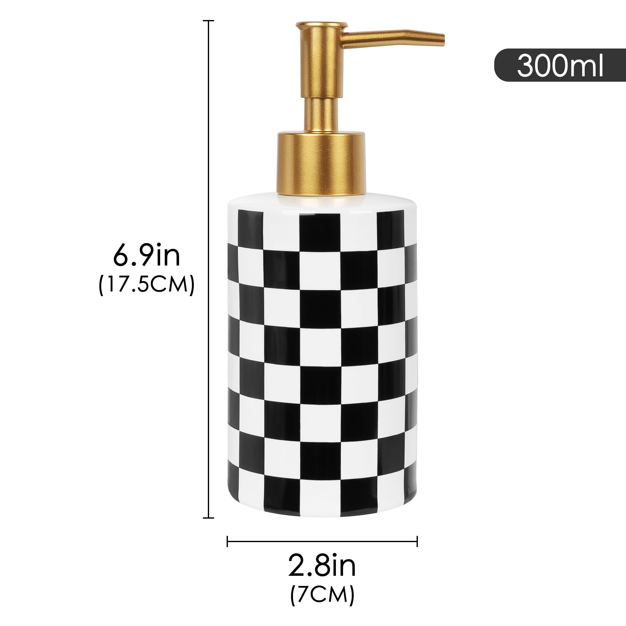 Set di 2 dispenser per sapone da bagno, 300 ml, in ceramica a scacchiera, con pompa dorata, per lavello della cucina, piano di lavoro del bagno (nero bianco)