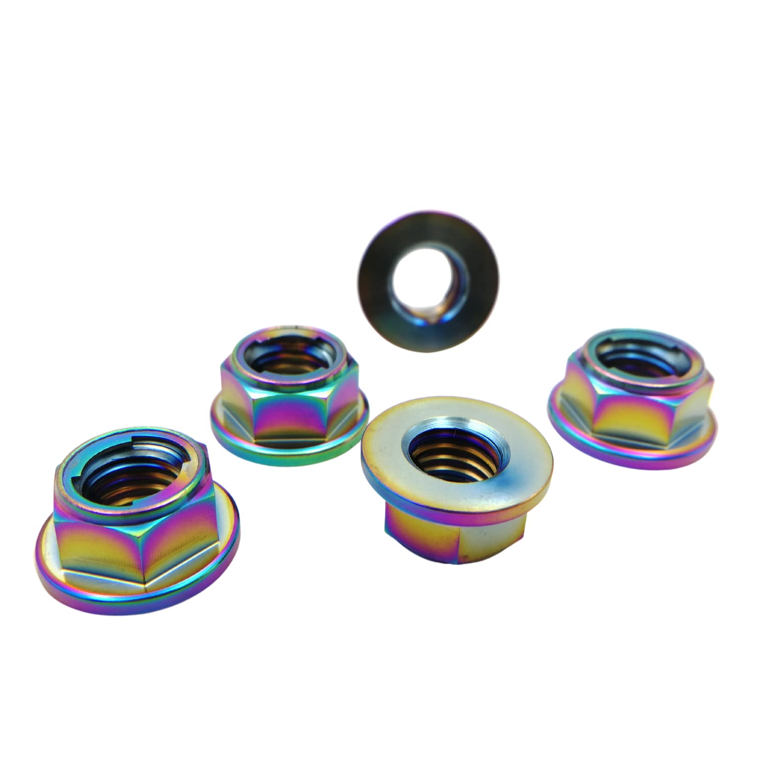 RISON-Titanium Tuerca de Brida de Titanio M5x0.8mm, Tuerca de Seguridad Hexagonal con Reborde, Tuerca de Bloqueo Contratuercas para Piñón/Rueda Dentada de Motocicleta, Bici, Paquete de 5