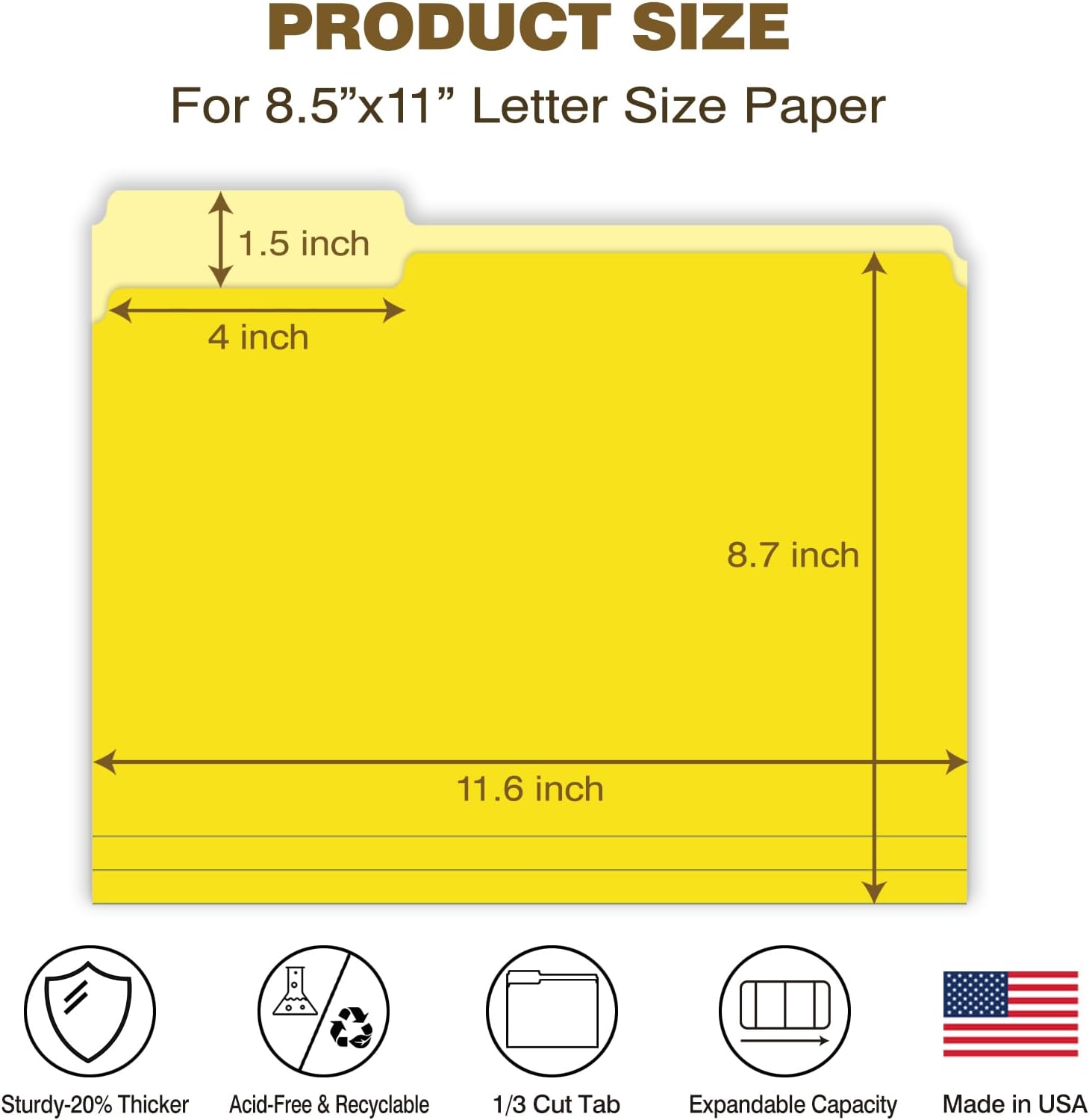 Yellow Manilla Folders File Folders 100-Pack Letter Size 8.5" x 11" Yellow Colored Folder with 1/3-Cut Tabs Durable Pressboard Folders for Office, School, Home, Business Filing Supplies, Made in USA