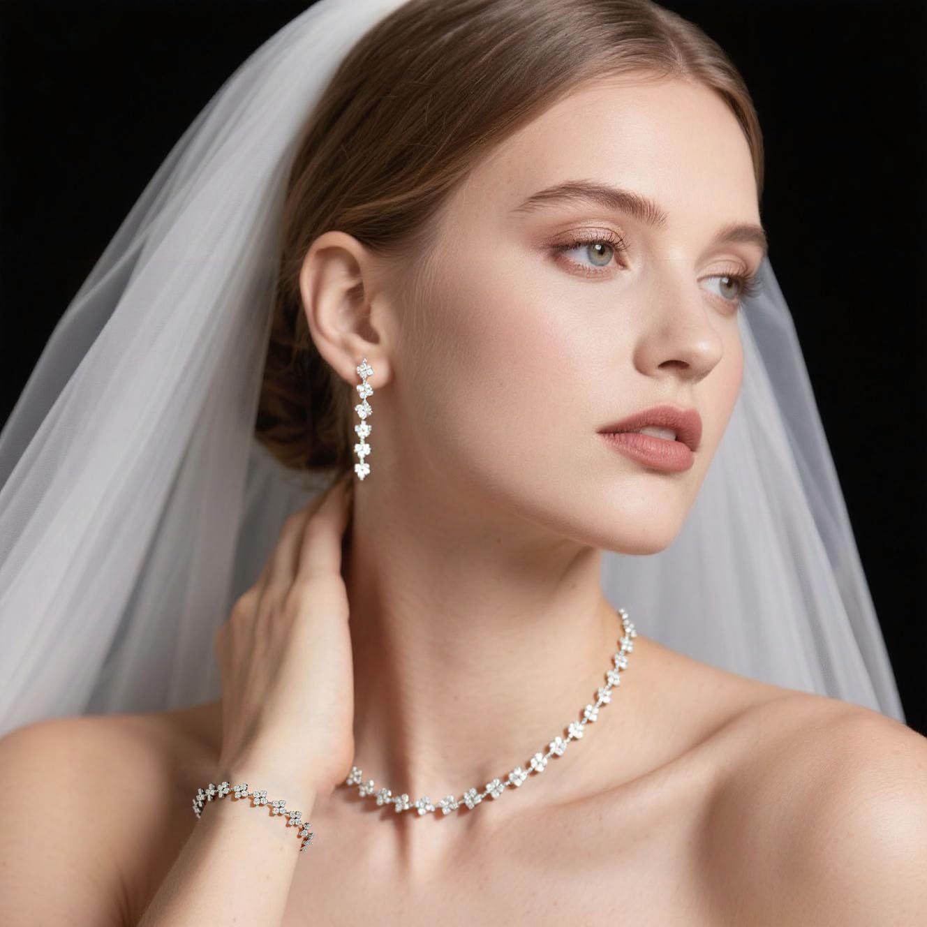 Silver Wedding Jewelry Set for Women Brides Rhinestone Necklace Bracelet Dangle Earrings Sets for Bride Bridesmaid Crystal Prom Costume Jewelry Accessories Formal Jewelry for Women Evening Wear - Image 4