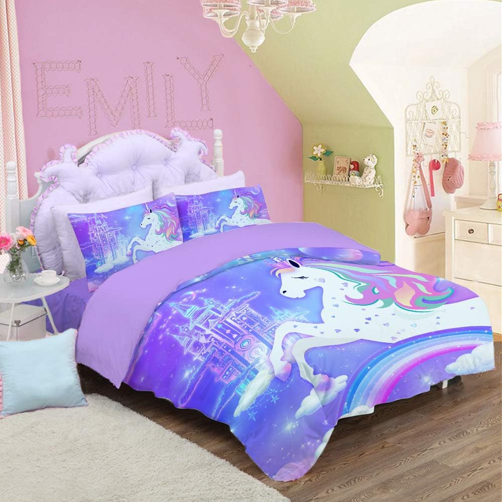 Bonsai Tree Unicorn Duvet Cover, Rainbow Twin Comforter Sets 3 Piece, 3D Girls Microfiber Bed Set with Zipper Closure, Purple Soft Bedding Set Gifts for Kids (1 Duvet Cover+2 Pillow Shams), 68”x86”