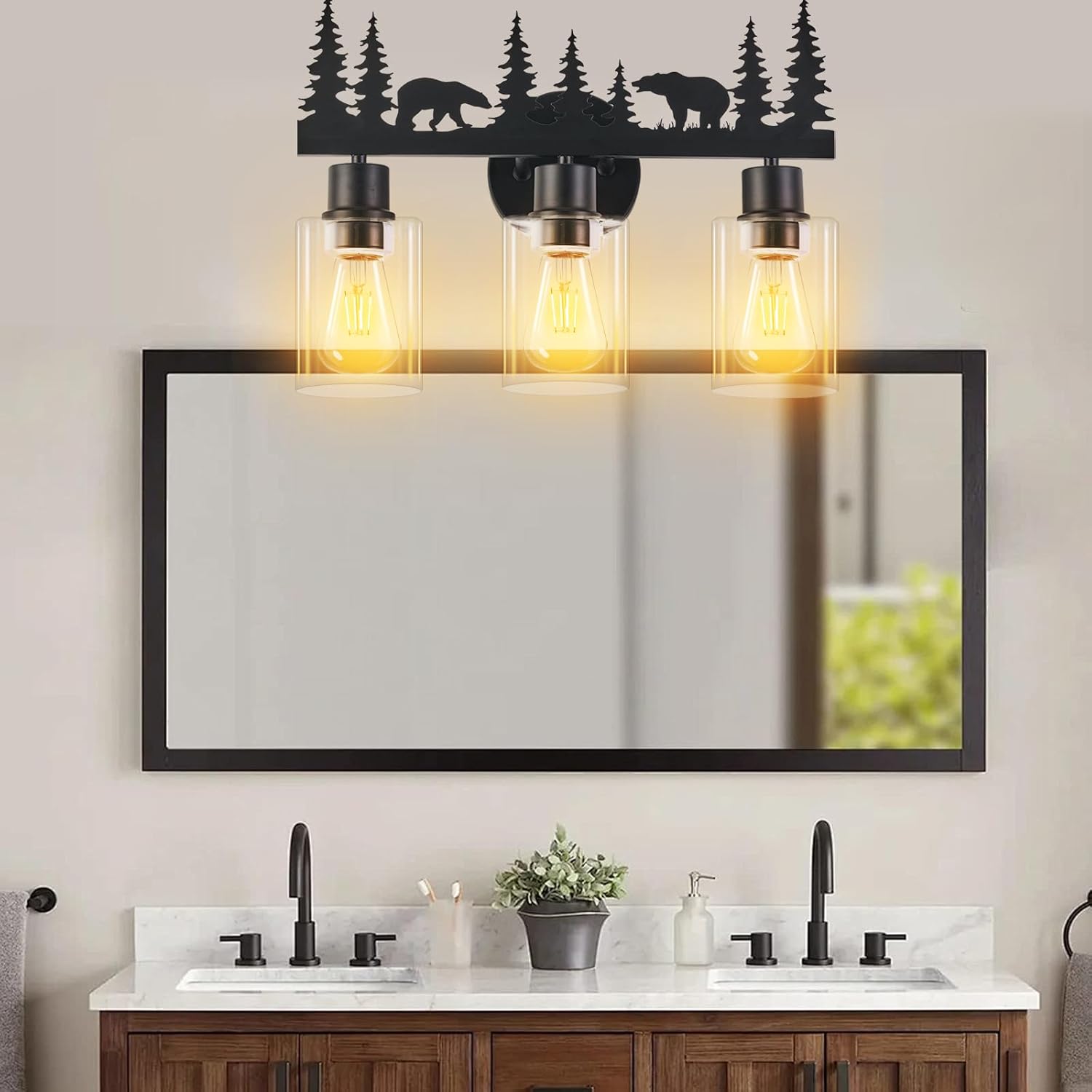 Farmhouse Rustic Bear Bathroom Light Fixtures, 3-Light Black Vanity Lights with Clear Glass Shade, Wall Lamp for Bathroom, Living Room, Hallway, Kitchen, Cabnet, Porch