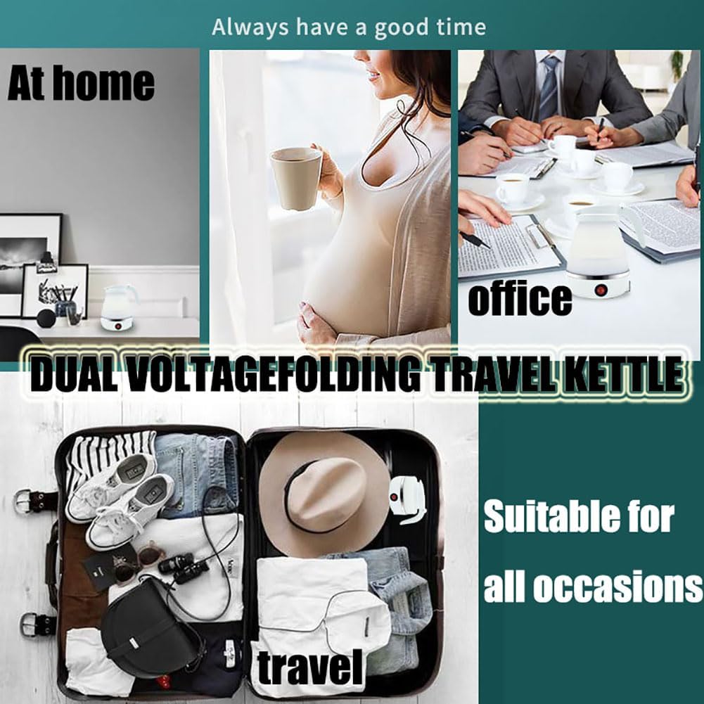 Collapsible Travel Electric Kettle - Portable Silicone Foldable Kettle for Boiling Water - Dual Voltage, 600ml Capacity, 110-220V US Plug-White, DHO-PO-02
