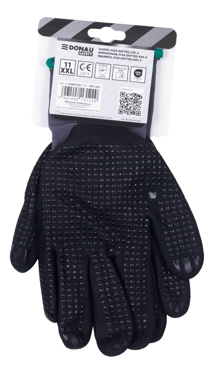 DONAU SAFETY Flex-Dotted rękawice robocze z antypoślizgowym uchwytem z wypustkami/rozmiar 08/M, 1 para/szaro-czarne/mechaniczne rękawice montażowe/powlekane nitrylem, lekkie, odporne na olej, nylon