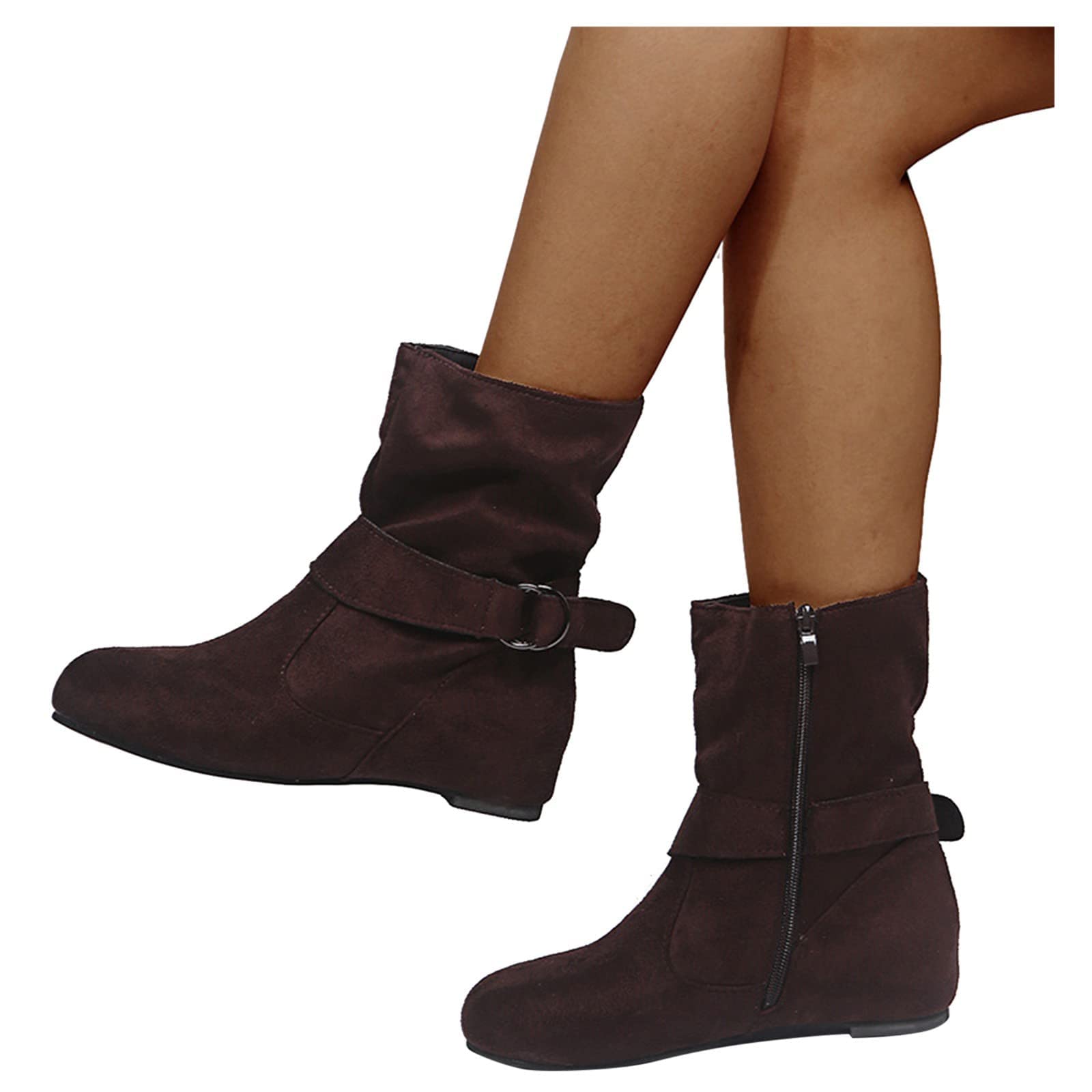 ZBYY Womens Mid-Calf Slouchy Suede Slip On Casual Boots with Side Zipper Fashion Comfort Outdoor Wedges Snow Boots
