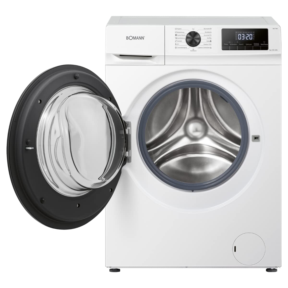 Bomann WA 7194 Waschmaschine, 9kg Fassungsvermögen, 15 Waschprogramme, Schleuder-Umdrehung 1.400 U/min.(max), LED-Display, Kindersicherung, Dampffunktion, Frontlader, Invertermotor, weiß