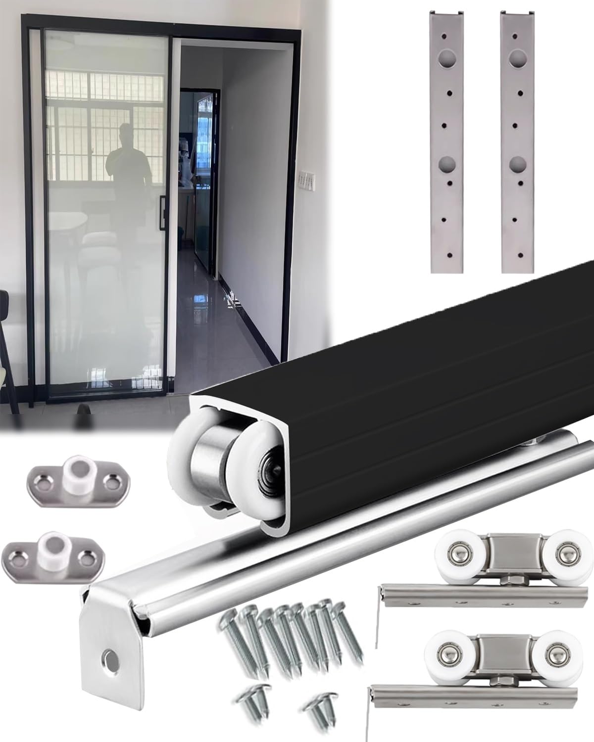 Minglez Sliding Door Kit Black Pocket Door Track and Hardware Set, Hidden Sliding Door Kit Hidden for Single Wooden Door, 20in 21in 29in 30in 31in Barn Door Hardware Kit(136 cm/53.4 inch)