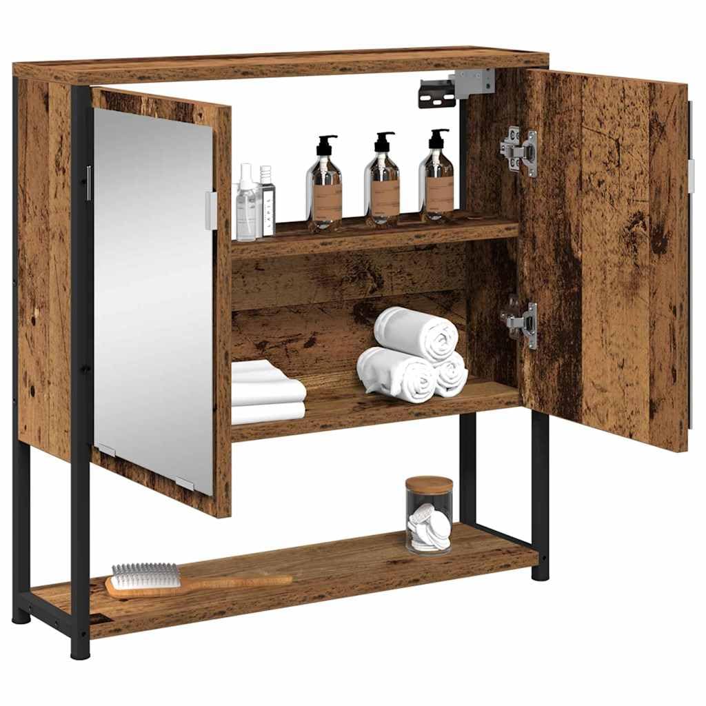 Szafka z lustrem z regałem, stare drewno, materiał drewnopochodny, 60 x 16 x 60 cm, montaż ścienny, mebel łazienkowy, miejsce do przechowywania ze szklanymi drzwiami i płaskim lustrem, do