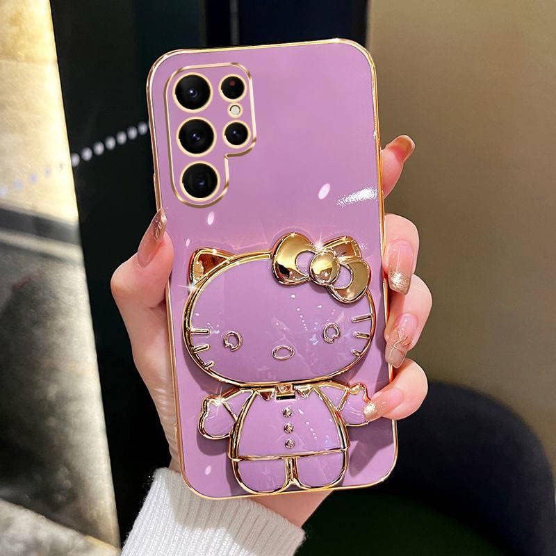 Fancy Kitty - Funda de teléfono para Samsung S23 Ultra, chapado en 6D MIUMIU con diseño de soporte, funda de espejo de maquillaje, funda femenina de