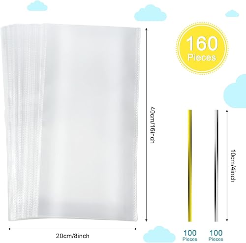 Miniatura 2 de Juego de 2 bolsas de celofán de 8 x 16 pulgadas, bolsas de regalo de celofán transparente de plástico con 200 piezas de giros dorados y plateados