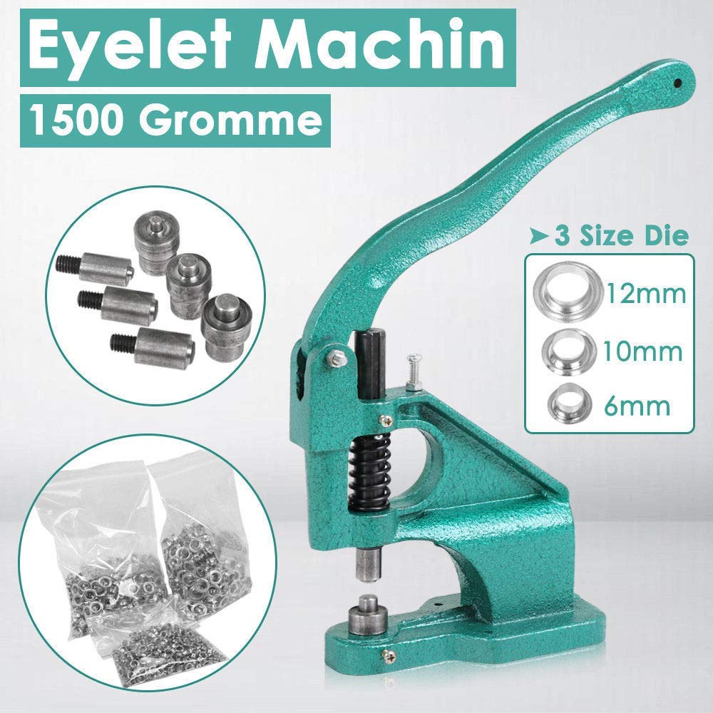 Máquina Profesional de Ojales Manual con 3 Troqueles Kit 1500 Ojales para Confección Ropa Tiendas Letreros Alta Precisión