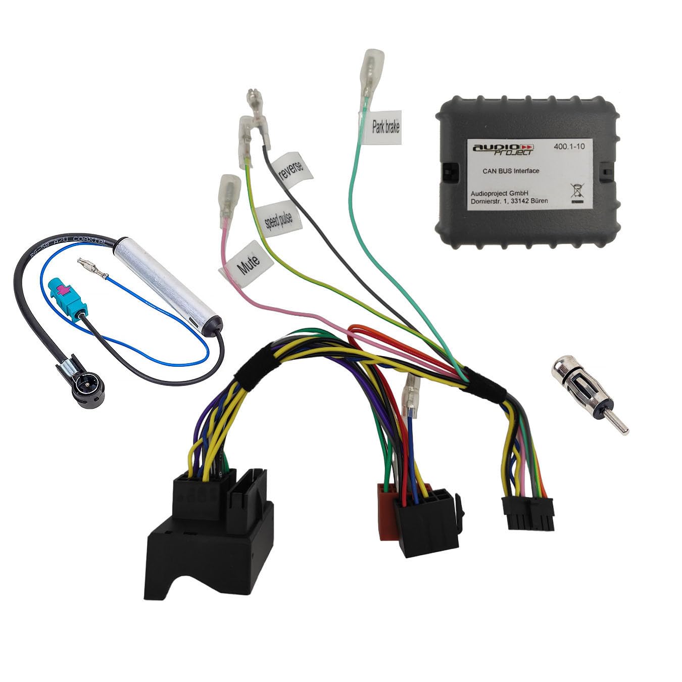 Audioproject A400.2-10 - CanBus Adapter Quadlock ISO kompatibel für Audi VW Golf 5 Golf 6 Passat B7 VW T5 Polo Skoda Seat incl Radio Adapter Antennen Adapter Fakra ISO Zündplus Speedpuls Rückwärtsgang