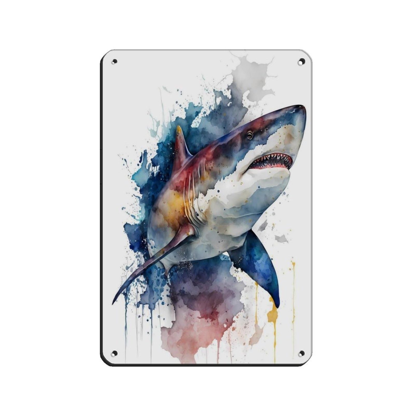 Lxwnze 20L X 30W Cm Watercolor Shark, Art Poster Retro Poster Metal Tin Sign Chic Art Retro Iron Painting Bar People Cave Cafe Family Garage Poster Wall Decoration 8X12inch(20X30cm)