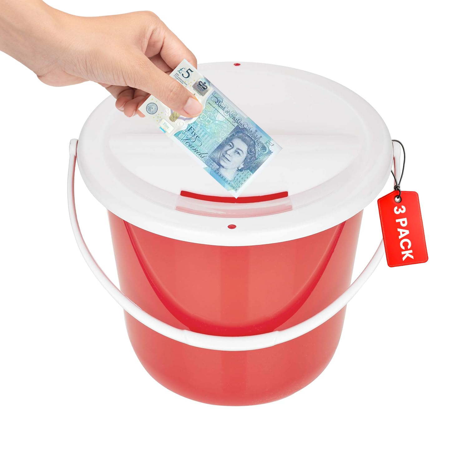 Plastic Coin Collection Bucket with Removable lid and Handle Charity Donation Collection Money Box Pail for Fundraising with top Slot for Tickets raffles and Money (Red) Pack of 3