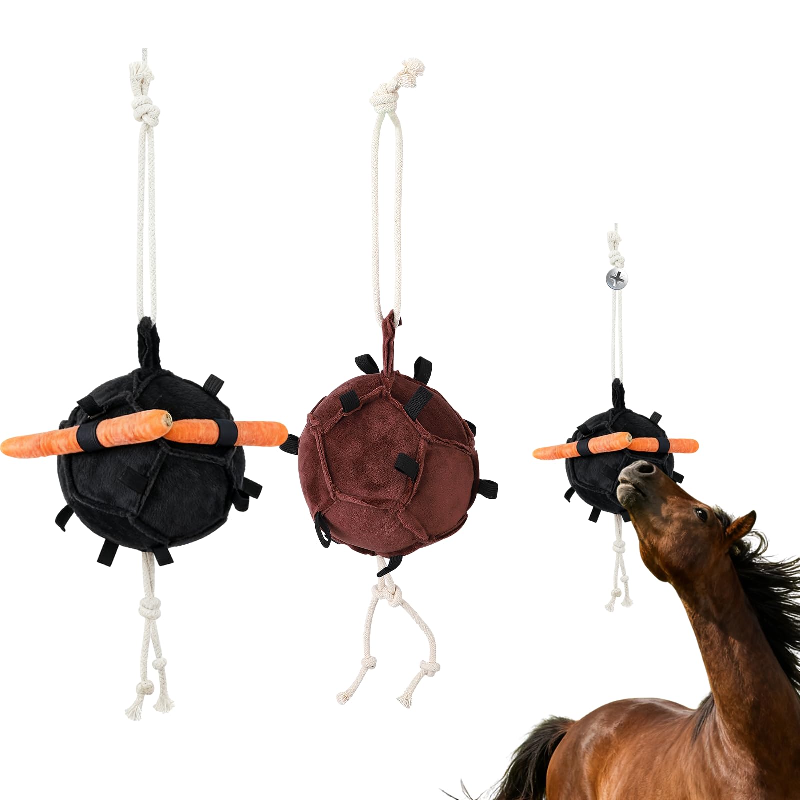 Lot de 2 jouets pour chevaux, noir et marron, boules d'alimentation de carotte, pendentif boule d'alimentation lente, balle de récompense pour chevaux, bétail, mouton, anti-stress