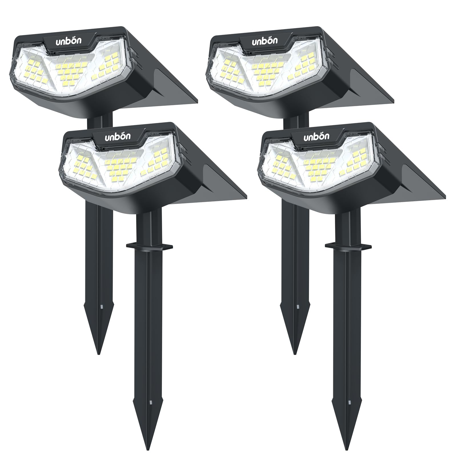 UNBON Luces Solares LED Exterior Jardin, 4 Piezas Focos LED Exterior Solares Jardin Potentes 32 LED, Lamparas Solares Exterior Jardin Impermeable IP67, 3 Modos Lampara Foco Luz Solar Exterior Jardin