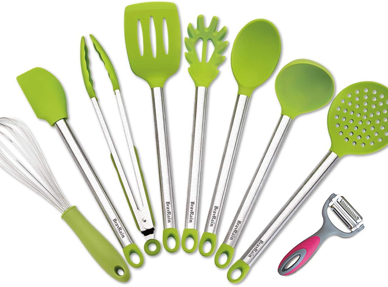 Kitchen Utensils, BravRain 9 Pieces Silicone and Stainless Steel Kitchen Tools Set, Nonstick Non-Scratch Cooking Utensils-Spoon, Whisk, Peeler, Spatulas, Skimmer, Ladle, Serving Tongs, Pasta Server (green)