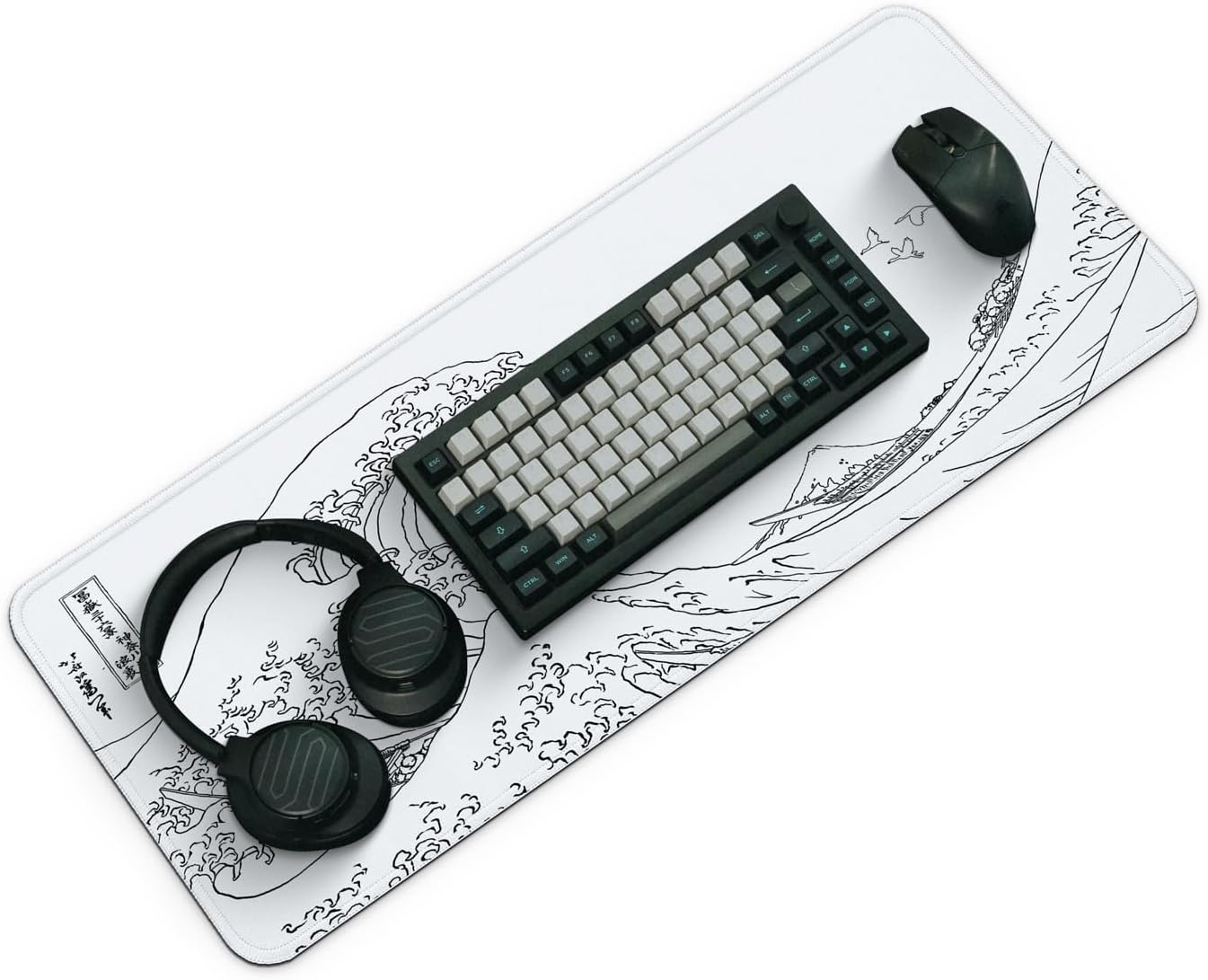 Gaming Mouse Pad, Large 31.5 x 11.8 inches Mousepad, Long Keyboard Pad, Cute Mouse Mat for Computer with Stitched Edges and Non-Slip Base (Japanese Grey White Wave) image 3