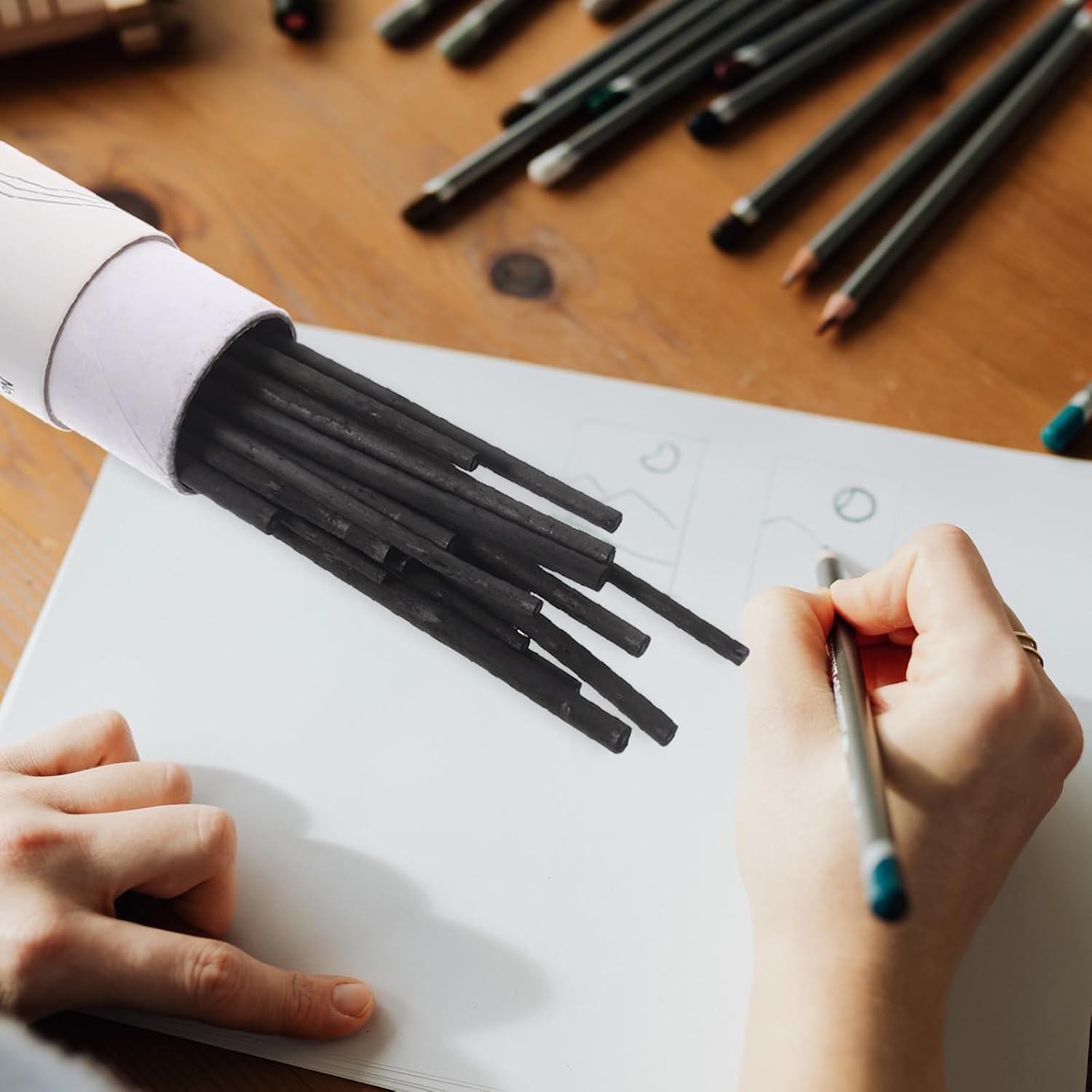 KALLORY 25Pcs Durable Compressed Willow Charcoal Sticks Professional Sketching Drawing Supplies for Students and Artists Smooth Texture for Shading and Art Sketching