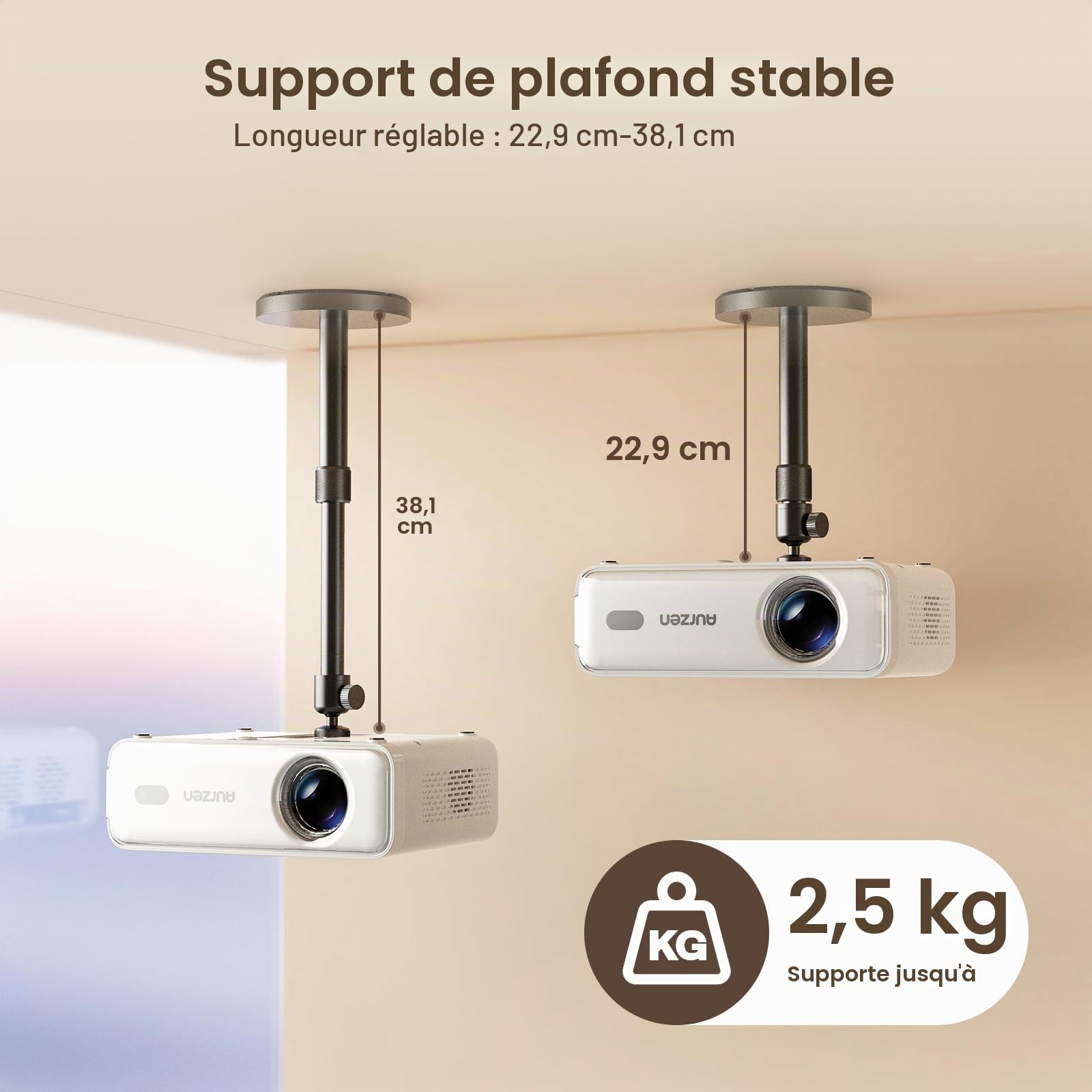 Aurzen Support Plafond pour projecteur, Rotatif à 360° et inclinable à 90° | Réglable de 9 à 15", vis 6,35 mm, compatible avec la plupart des projecteurs, dont Aurzen, Epson et Yaber.
