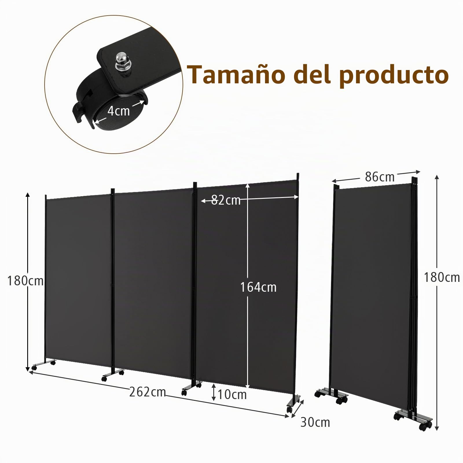LIFEZEAL Biombo Plegable de 3 Paneles para Interior y Exterior, Divisor de Pie con 8 Ruedas, Pared Tabique, Estructura Metálica, Protección de la Intimidad, Separador de Espacios (Gris)