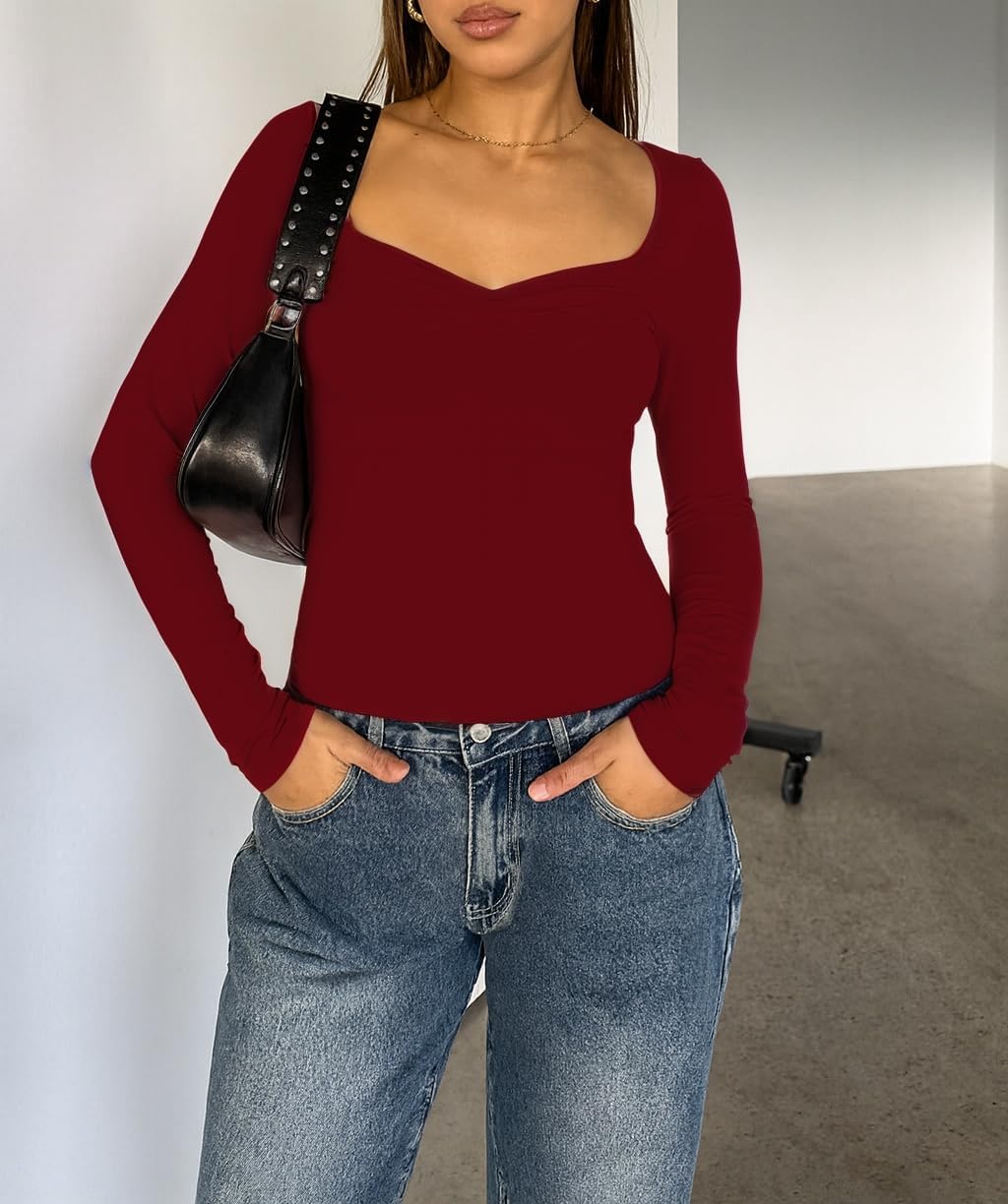 ForeFair Women's Long Sleeve Going Out Tops Pleated Basic T Shirts Cute Sweetheart Neck Y2K Fall Tops - Image 3