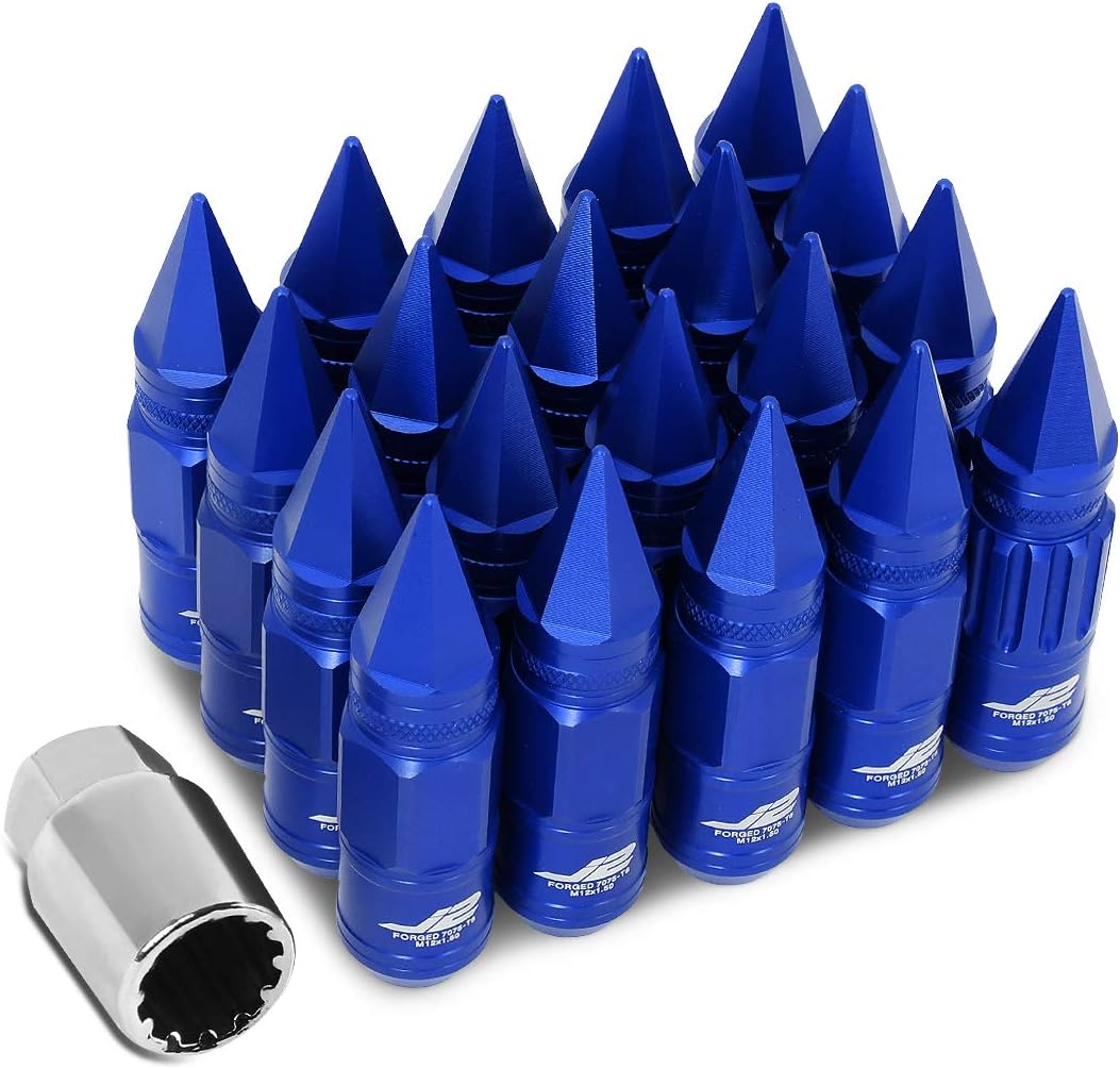 LN-T7-012-15-BL Blue J2 Engineering 7075 Aluminum M12X1.5 16Pcs L: 80mm Spiky Cap Lug Nut w/4Pcs Lock+Key