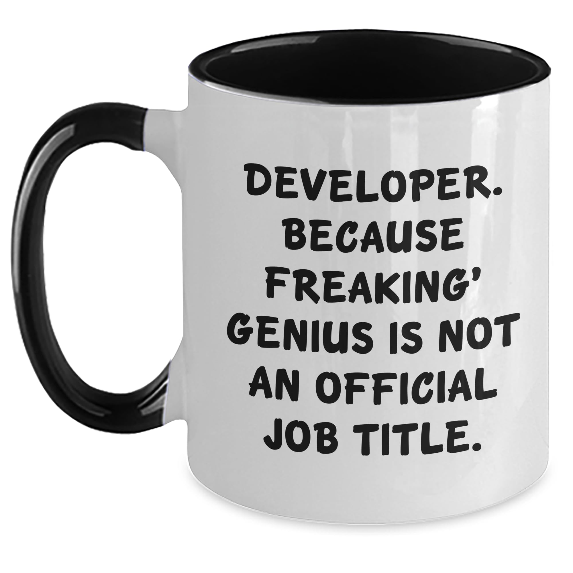 Developer's genius, Gifts from Friends for Birthday, Funny Two Tone Coffee Mug, Developer Quote, Birthdays and Gifts, Gifts from Friends to Developer