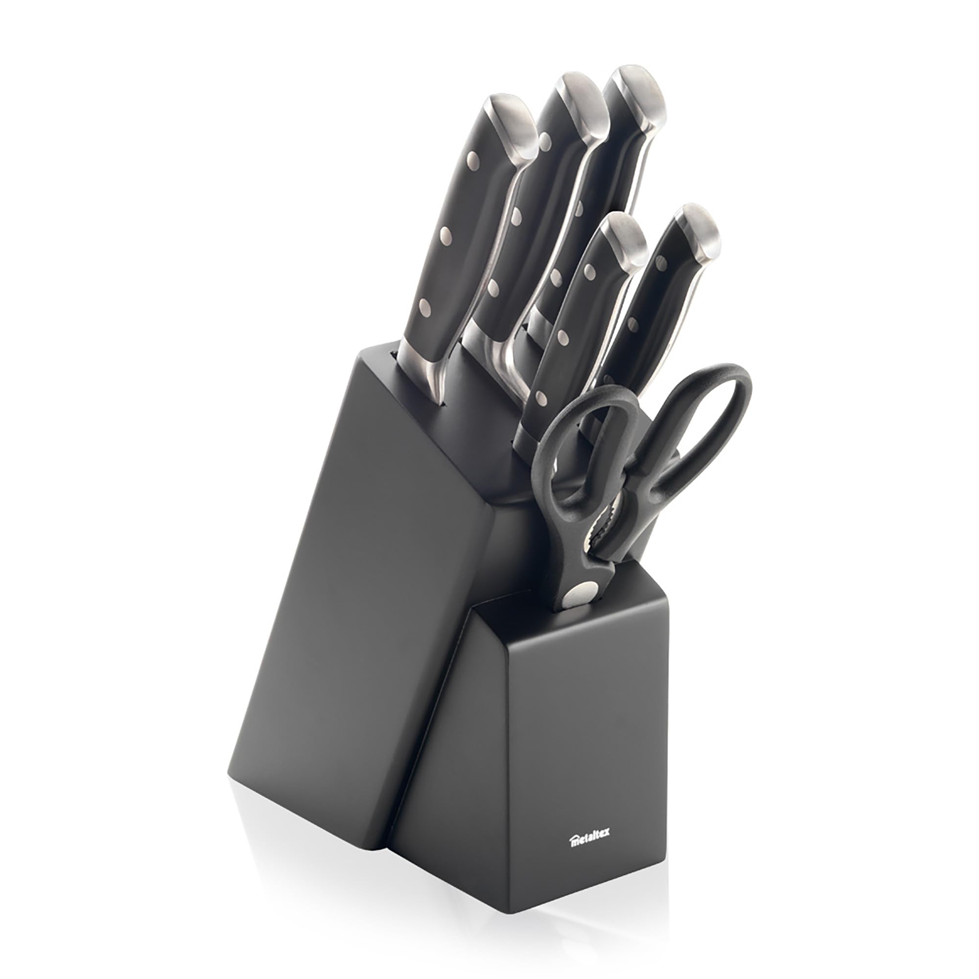 Metaltex MAGNIFICA - Kompletter 5-teiliger Aufsatz + Schere. Klinge aus Molybdän-Edelstahl, professionelle konische Schärfe, Härte HRC57 – ergonomischer Griff aus schwarzem ABS-Kunststoff.