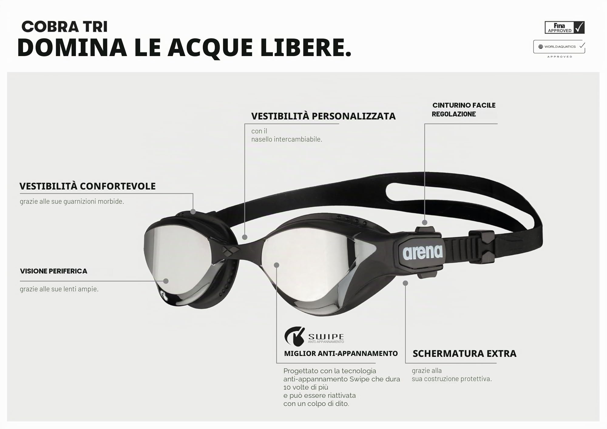 arena Cobra Tri Swipe Mirror Occhialini Triathlon Unisex Adulto, Occhialini Nuoto Piscina con Lenti a Specchio, Anti-Appannamento, Protezione UV, 3 Ponti Nasali Intercambiabili