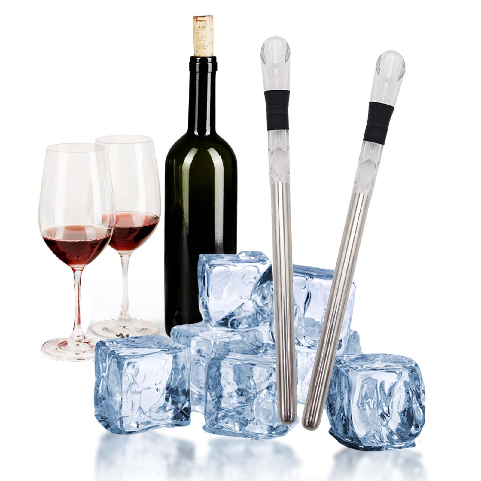 2Pcs Wine Cooler Sticks, 3-in-1 Stainless Steel Wine Chiller Stick with Aerator Drip-Free Pourer, Wines Bottle Cooler for White & Red, Freeze for 2 Hours for Optimal Cooling, Wines Accessories Gift