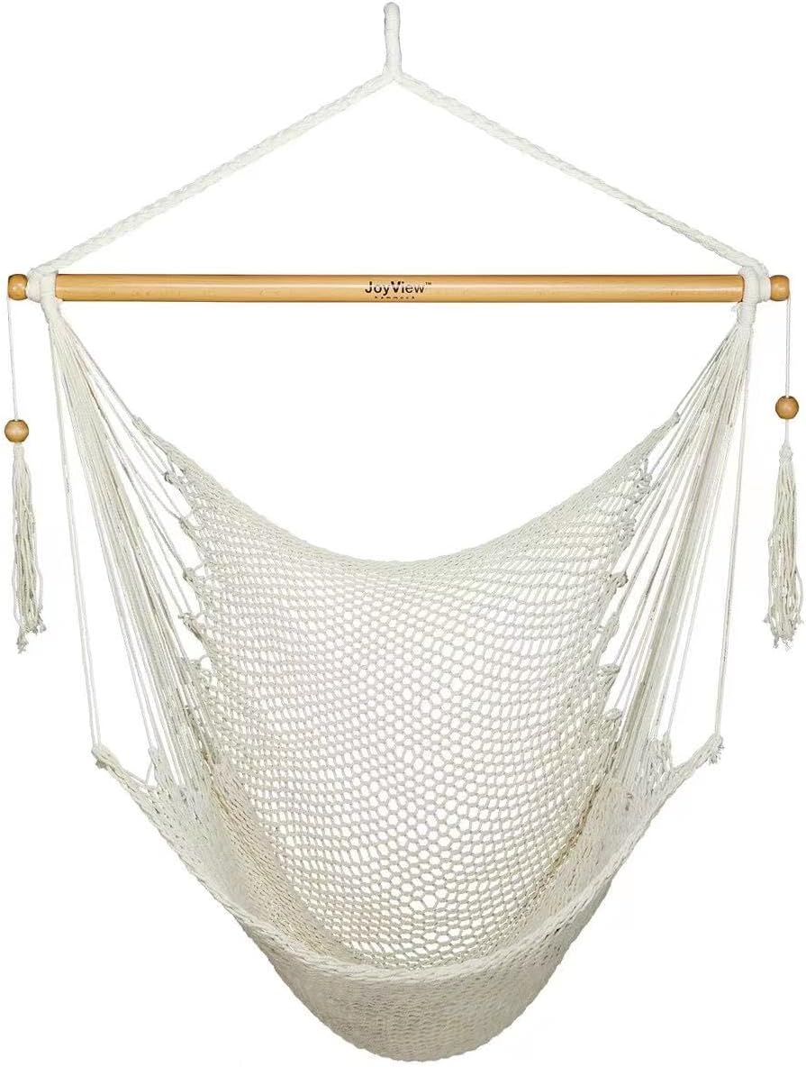 JoyView Hammock Chair with Spreader Bar Caribbean Hammock Swing Chair 300 LBS Weight Capacity XL Rope Hanging Chair for Outdoor Indoor Garden Yard - Natural White