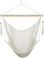 JoyView XL Caribbean Hammock Chair with Hardwood Spreader Bar - 300 lbs Capacity Breathable Rope Swing for Indoor Outdoor Relaxation, Natural White