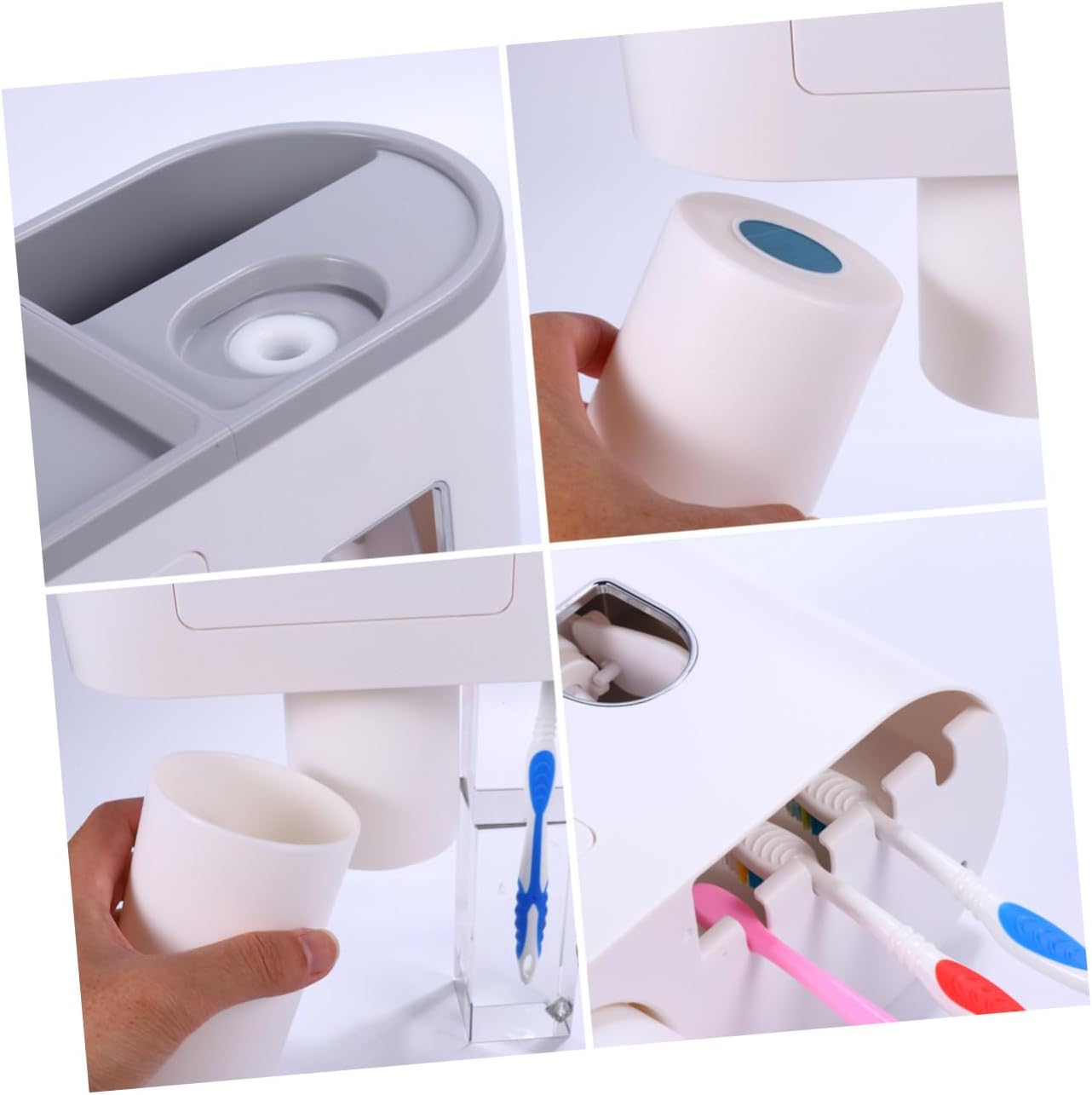 Multi-Functional Wall Mount Toothbrush Holder with Toothpaste Dispenser and Two Cups Abs Material Organizer for Bathroom Storage Rustproof Toothbrush Organizer Rack