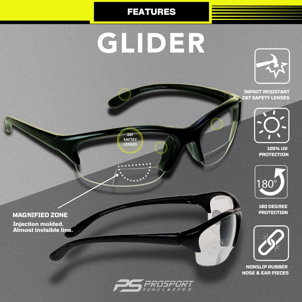 proSPORT Bifocal Glasses Reader Black Clear +2.50 Safety Z87 Smaller Size Cycling Motorcycle Riding