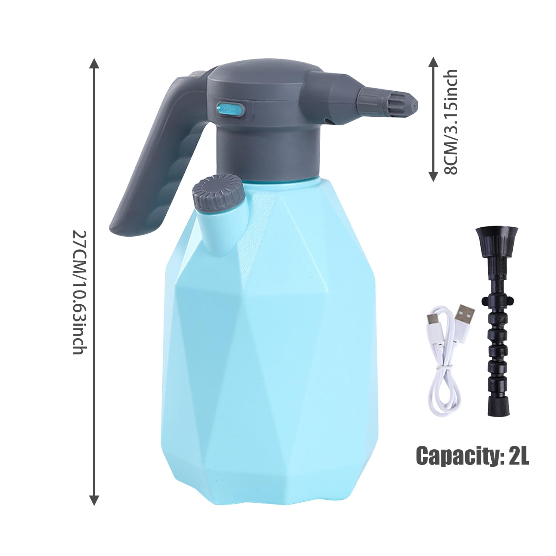 Spruzzatore elettrico, spray a spruzzo elettrico USB 2L, 2 Spruzzatore a pressione da 2000 mAh con spruzzatore in scala dell'ugello di estensione per giardinaggio annaffiato, blu, spruzzatori