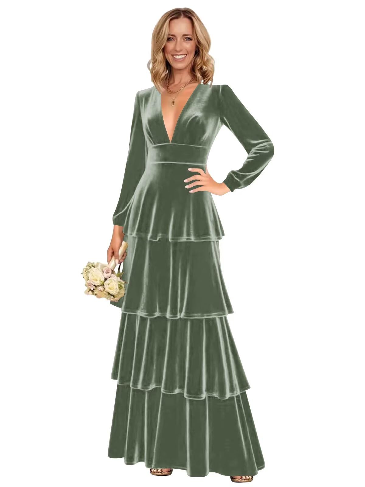 Maxianever Velvet Maxi Dresses Womens V Neck Bridesmaid Dresses Long Sleeve Formal Evening Gowns