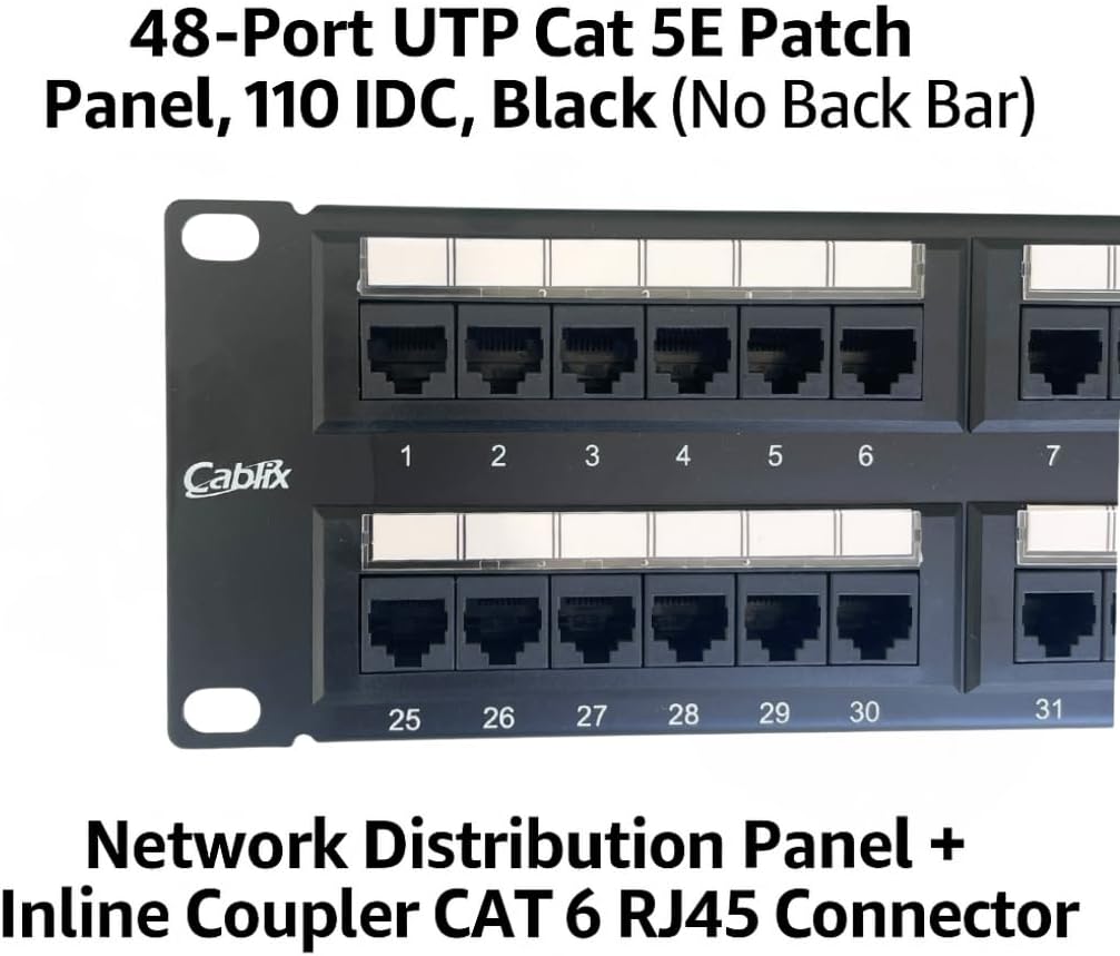 48-Port UTP Cat 5E Patch Panel, 110 IDC, Black (No Back Bar) Network Distribution Panel + Inline Coupler CAT 6 RJ45 Connector