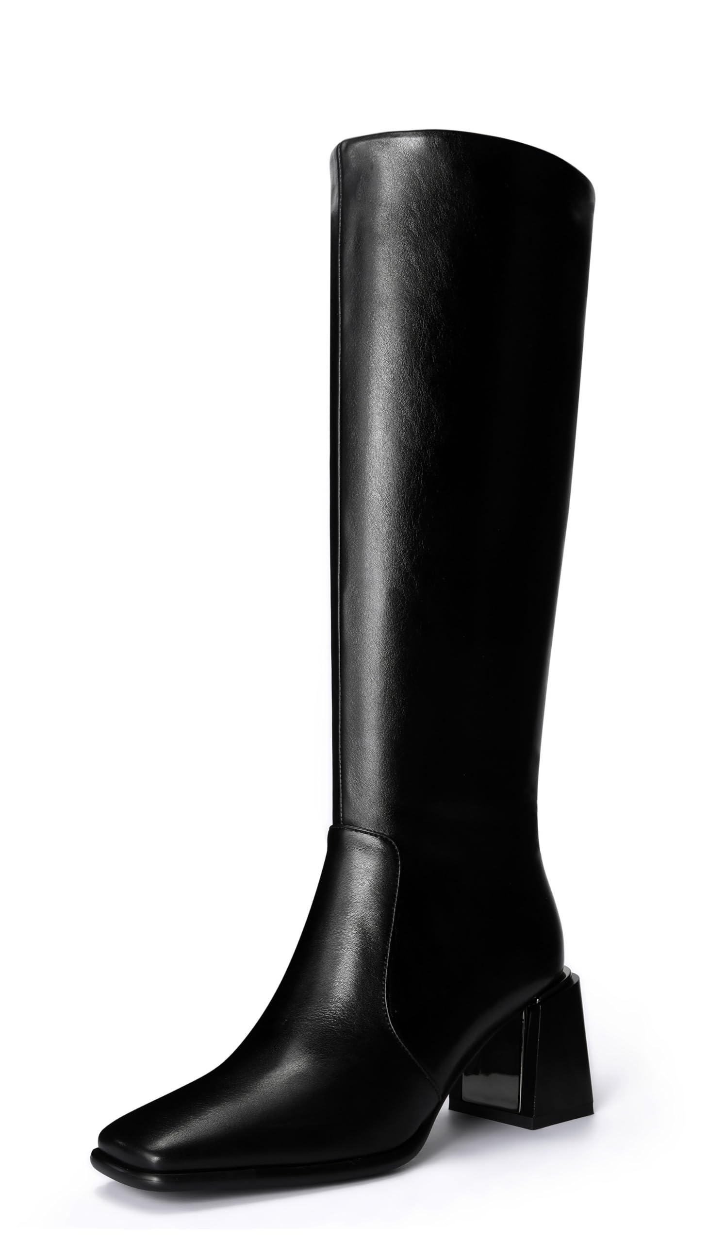 Womens Knee High Boots Block Metal Heel Square Toe Side Zipper Soft PU Leather Classic Fashion Dress Long