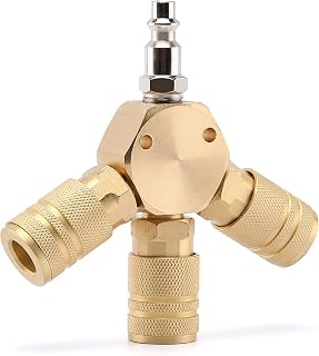 AIRTOON Air Splitter, 1/4 Inch NPT 3-Way Air Manifold with 3 Pieces Brass Industrial Quick Couplers, Hex Style, 3 Quick Brass Coupler and 1/4 Inch MPNT Plug