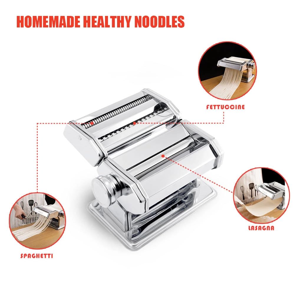 Máquina para hacer pasta, manivela manual de acero inoxidable automática con 6 ajustes de grosor ajustables, máquina de fideos 2 en 1, máquina perfecta para fideos frescos para la familia