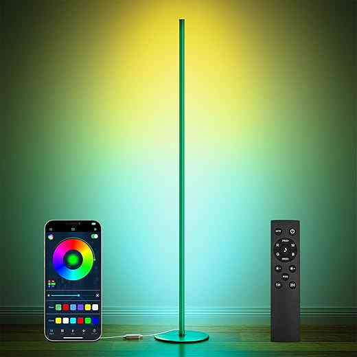 luckystyle Smart RGB Corner Floor Lamp,Bright LED Tall Modern Floor Lamp with APP and Remote,Ambient Lighting Color Changing Standing Lamps with Music Mode and Timing for Living Room,Bedroom Green