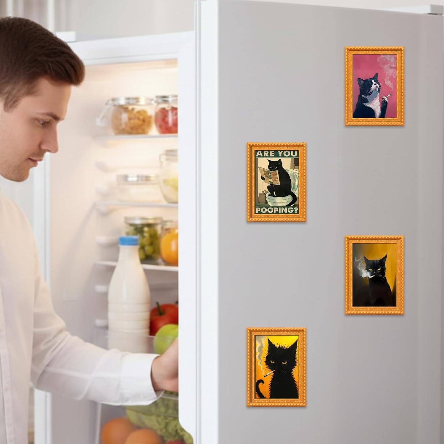 4Pcs Funny Wooden Fridge Magnets Frame Retro Cute Cat Pattern Magnetic Refrigerator Locker Magnet Photo Frames Holder for Home Kitchen Office Whiteboard Decorations (shangcesuo) image 4