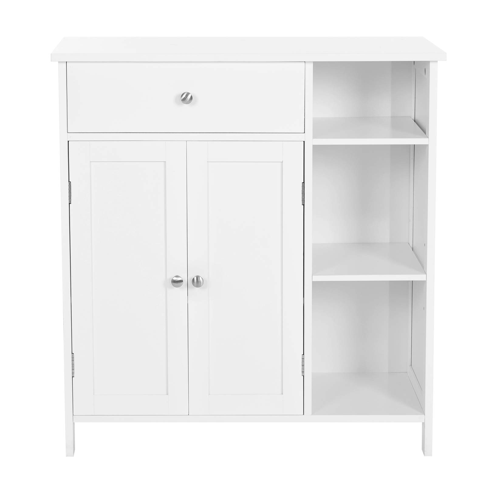 VASAGLE BBC142W01 Szafka łazienkowa, organizer do przechowywania, szafka z szufladą, 3 otwarte półki, regulowane półki, 2 drzwi, 75 x 30 x 80 cm, styl skandynawski, biały matowy