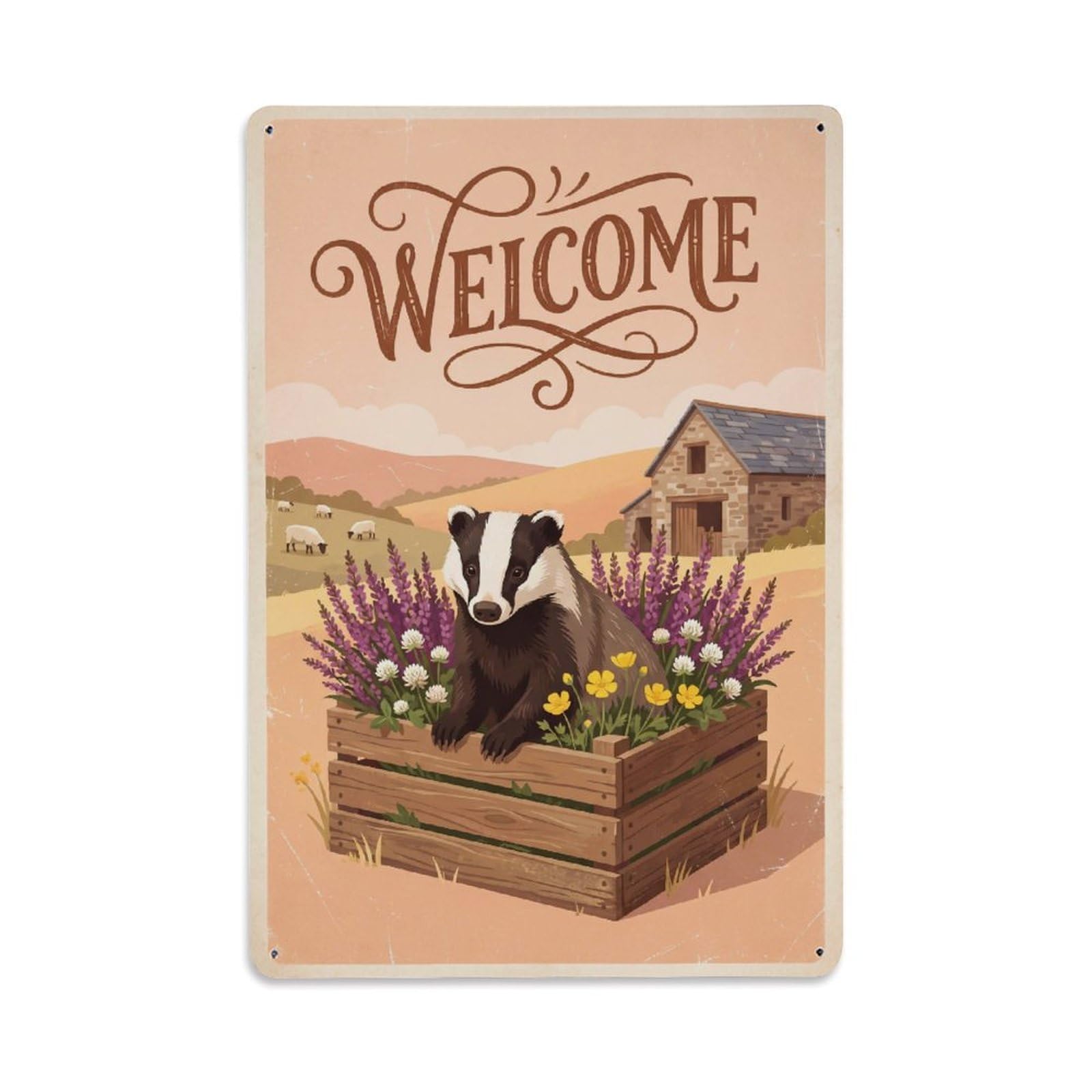 Cxhjca 8X12inch(20X30cm) Vintage Welcome Badger Meadow Scene Metal Tin Sign