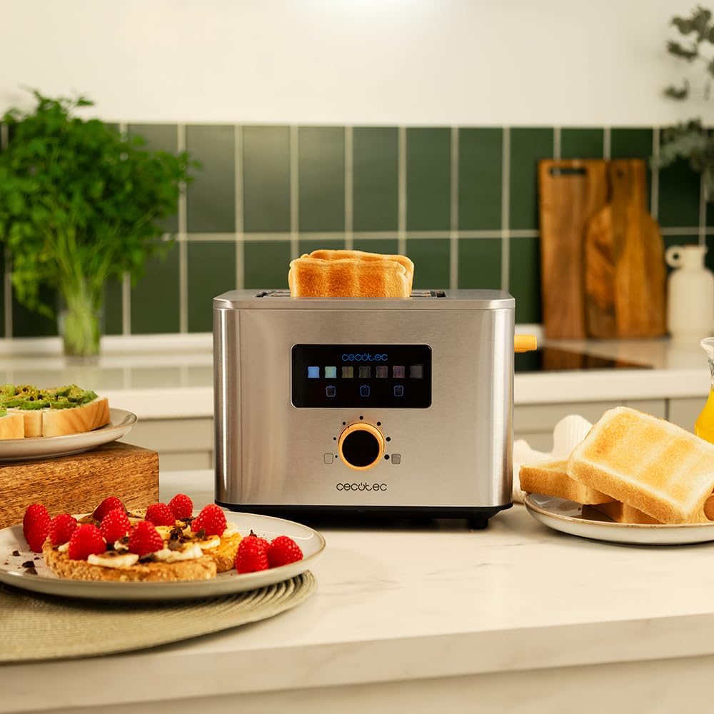 The Cecotec toaster with a slice of toast popping up from one of its slots.