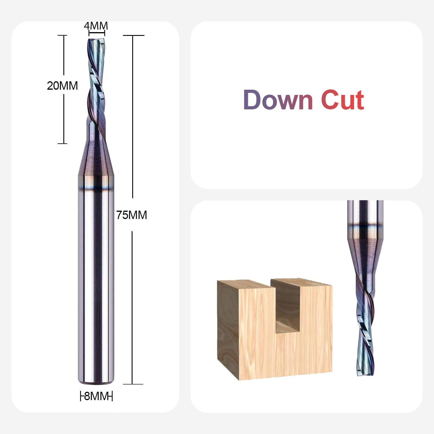 SpeTool Fresa de ranura en espiral de 8 mm, eje descendente, 4 mm, diámetro de corte, 20 mm, longitud de corte, 2 flautas, fresa en espiral, fresa de ranura VHM, fresadora CNC para fresadora superior